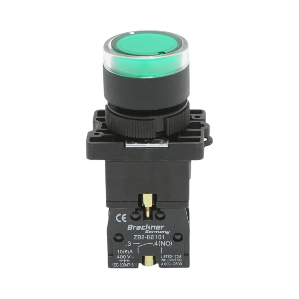 Pulsante indicatore LED verde con resistenza integrata 1NO, 220V, LAY5 Breckner Germany