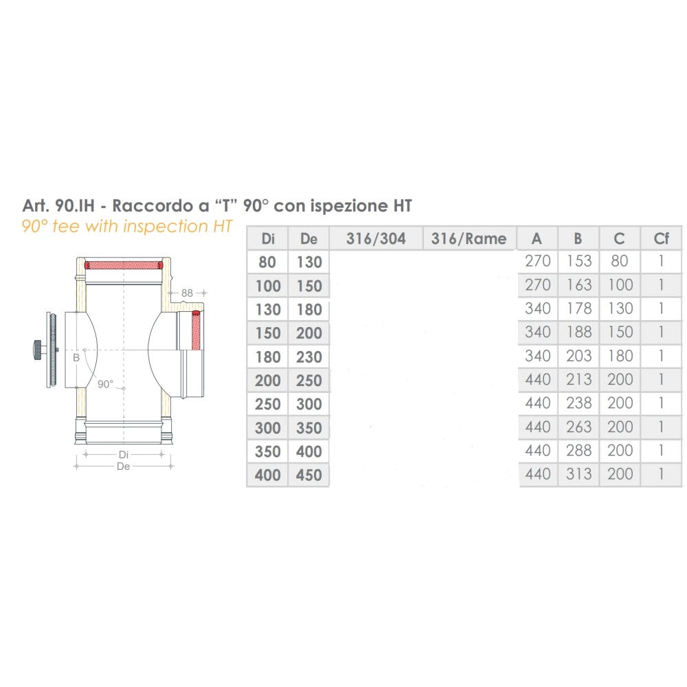 Raccordo inox di 150 - de 200 mm a tee t doppia parete con ispezione ht