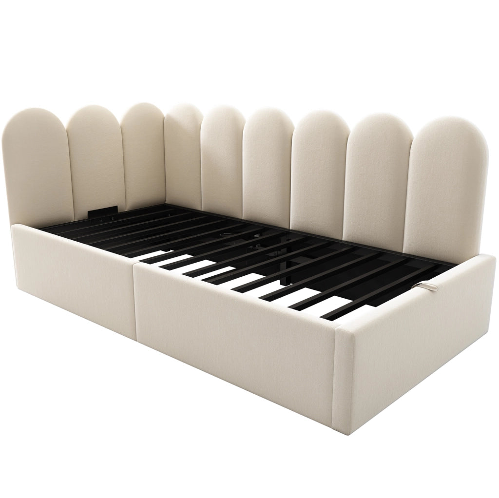 Letto daybed 90x200 cm con contenitore idraulico; struttura in metallo e velluto beige