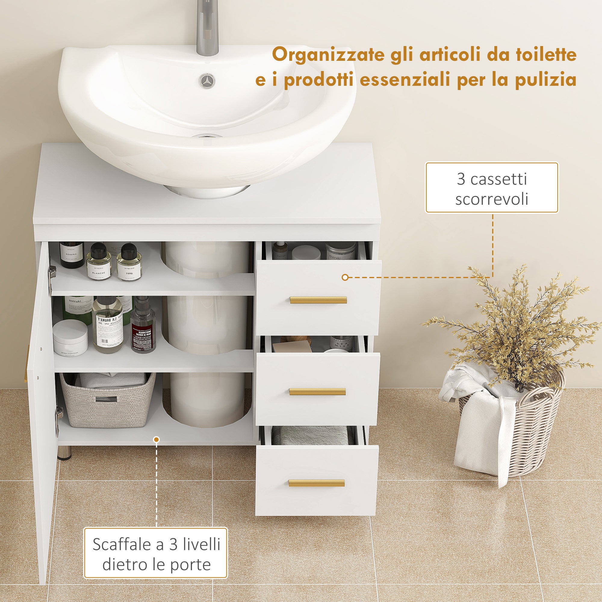 Mobile Sottolavabo con Intaglio a U 70x30x65 cm con Chiusura Ammortizzata in MDF Bianco