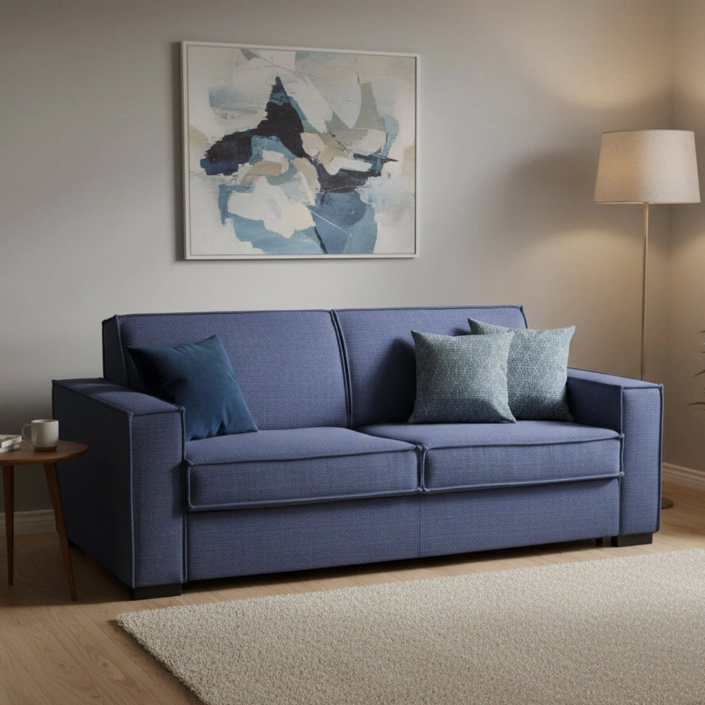 Divano Letto Adalberto, Divano a 3 posti, Made in Italy, SofÒ  Soggiorno con apertura girevole, in tessuto imbottito, con Braccioli slim, cm 200x95h90, Blu