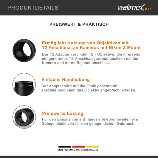 T2 Adapter compatibile con Nikon Z - Anello adattatore con messa a fuoco manuale, maneggevolezza, compatibile con Nikon Z6, Z7, Z50, Z5, Z7 II, Z6 II