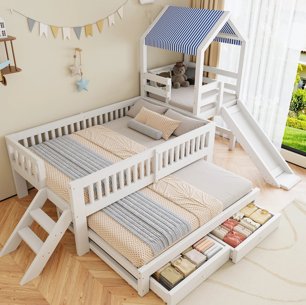 Letto a casetta per bambini con letto estraibile, scivolo e cassetti
