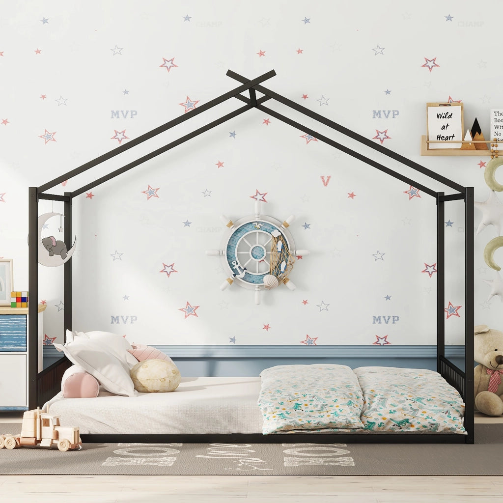 Letto a baldacchino in metallo nero 140x200 cm con struttura a forma di casa