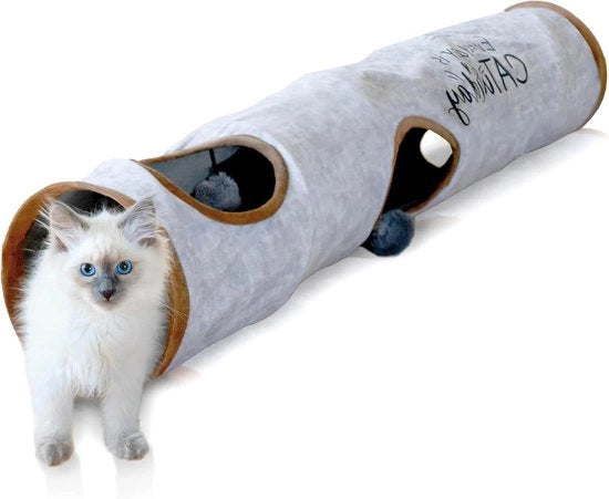 Tunnel per gatti pieghevole - 120 x 24 cm - grigio - palline da gioco - XXL