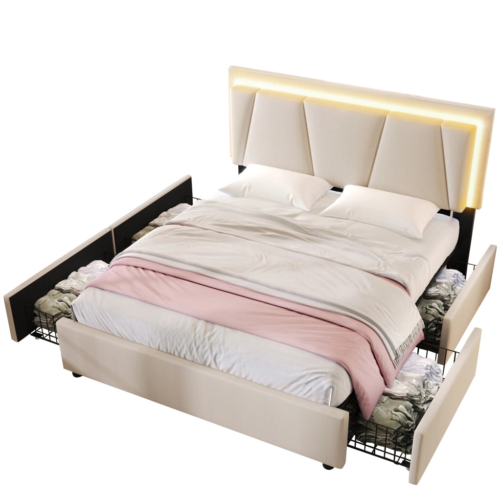Letto matrimoniale beige 160x200 LED 4 cassetti testiera regolabile doghe