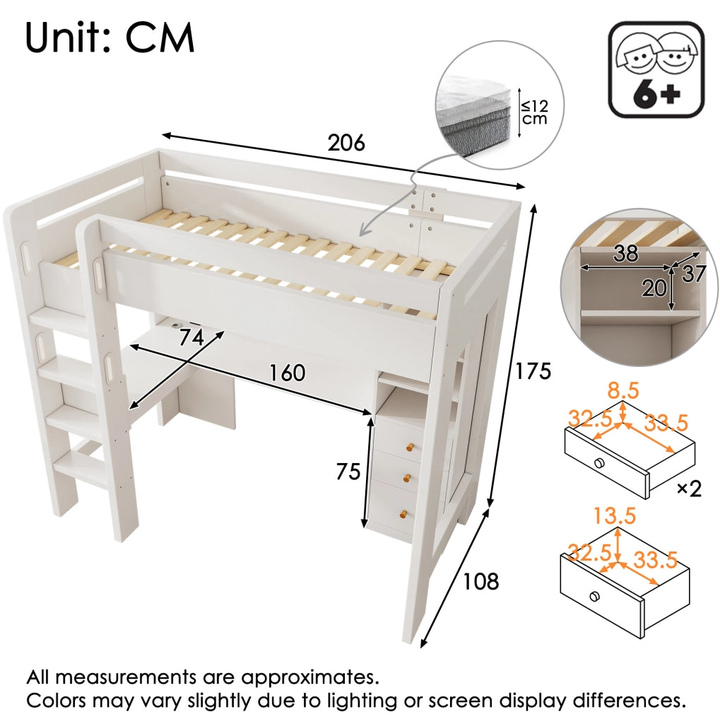 Letto a soppalco 90x200 cm con scrittoio a L; ripiani; cassetti e USB/Type-C; bianco