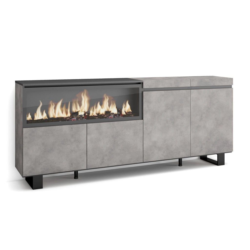 Credenza, Mobile, 208x35x87cm, 4 Porte, Camino elettrico XXL, Design industriale, grigio cemento RF3235