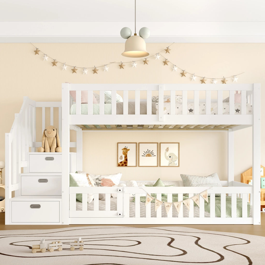 Letto a castello 90 × 200 cm con scala laterale e vano portaoggetti, senza materasso, in legno, bianco