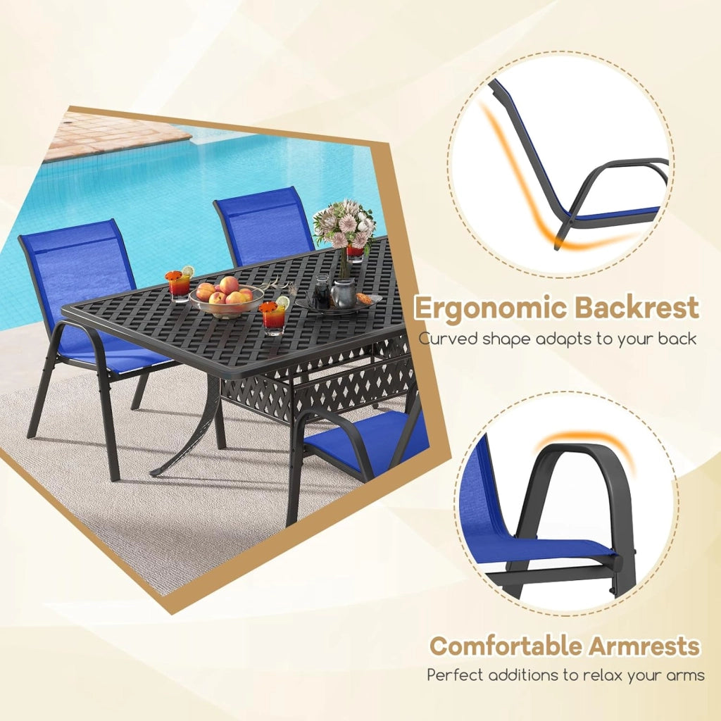 Set di 2/4 Sedie da Giardino, Sedie Impilabili da Esterno in Tessuto con Telaio in Metallo, Poltrona da Balcone con Braccioli e Schienale Alto, per Sala da Pranzo, Carico 150 kg (Blu*2)