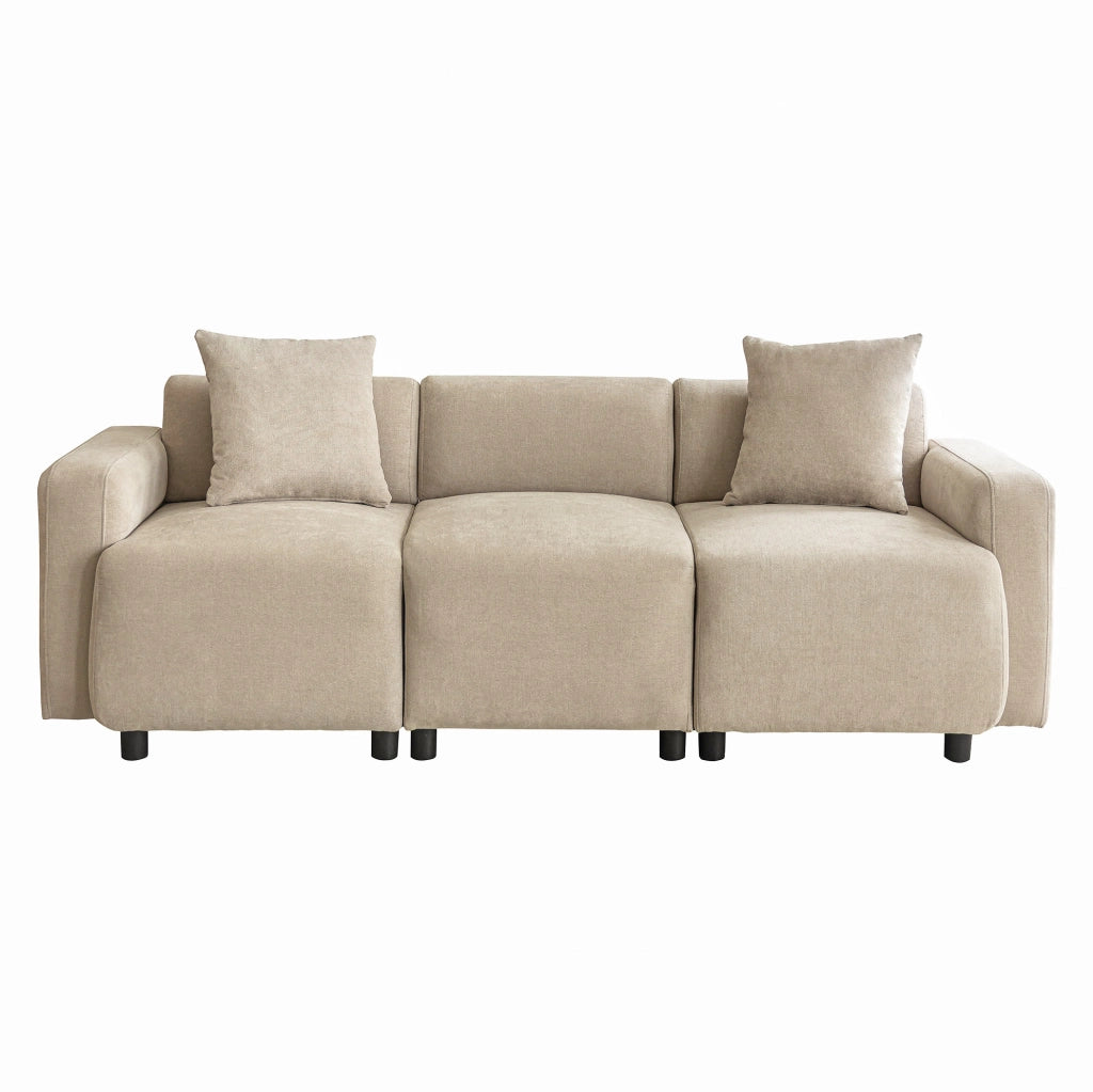 Divano 3 posti in ciniglia beige con 2 cuscini, 211 cm