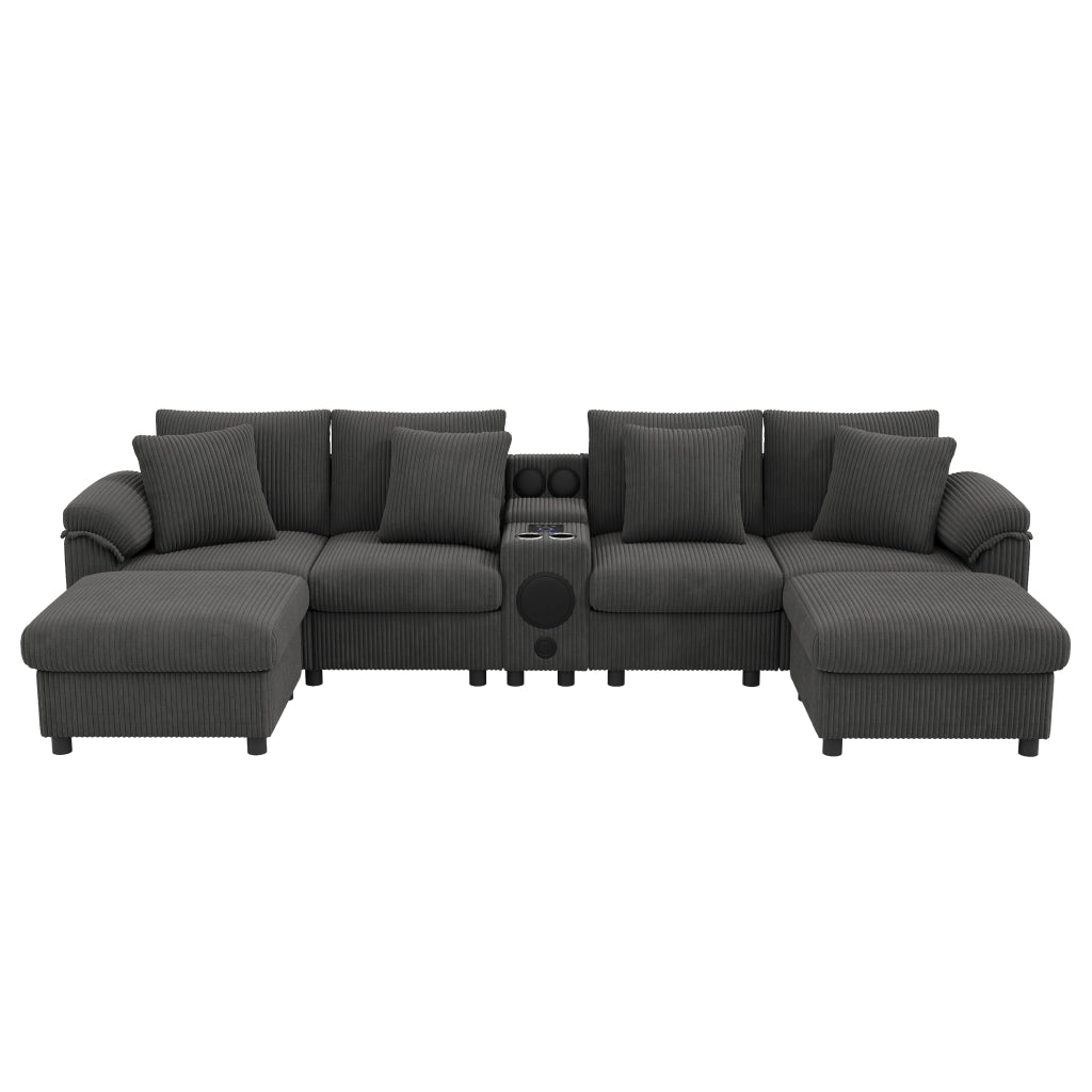 Divano Angolare U/L con Bluetooth, Contenitore, Ricarica Wireless e Cuscini ¨C Xylo ¨C Grigio, Velluto a Coste