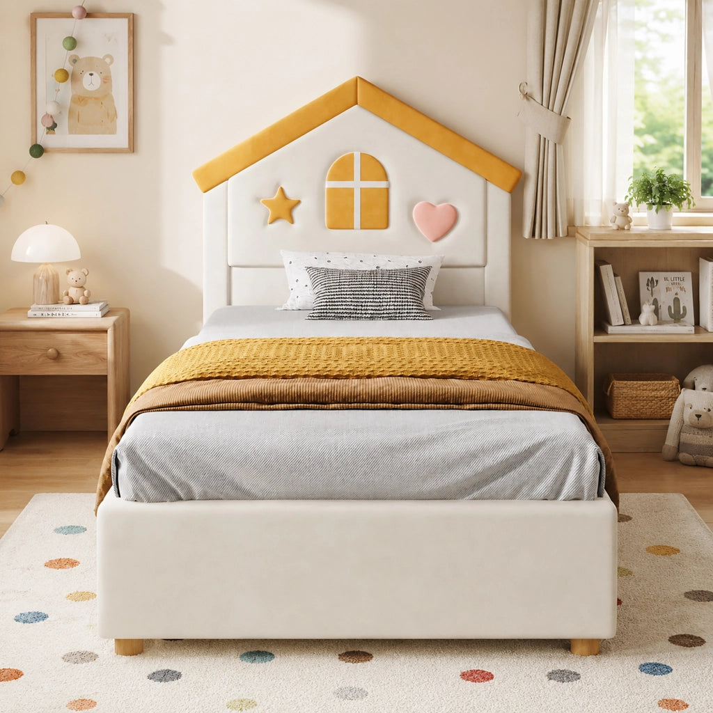 Letto per bambini 90 × 200 cm a casetta imbottito con 4 cassetti, senza materasso, in velluto, beige