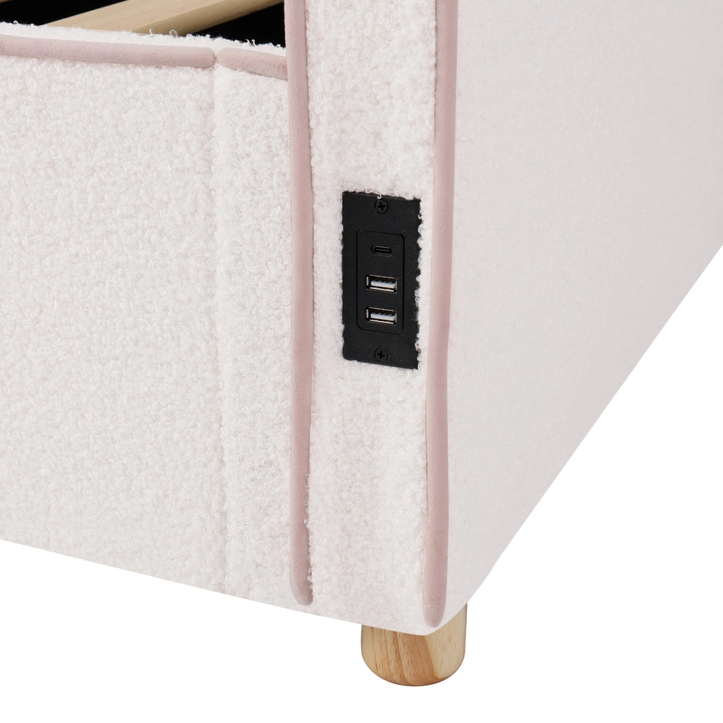 Letto daybed 90x200 cm con contenitore idraulico; presa USB e Type-C; bouclé beige