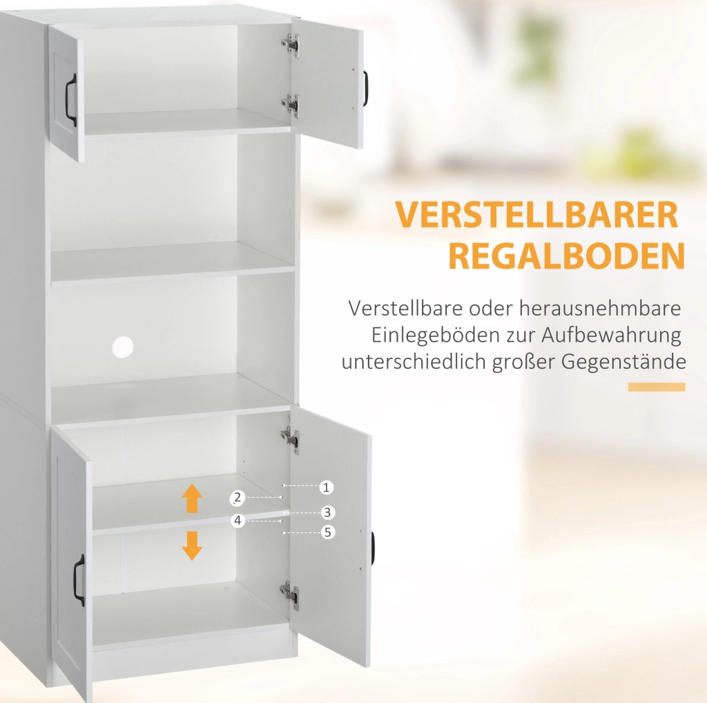 Mobile dispensa da cucina con 4 ante; ripiani regolabili e vano per microonde; bianco