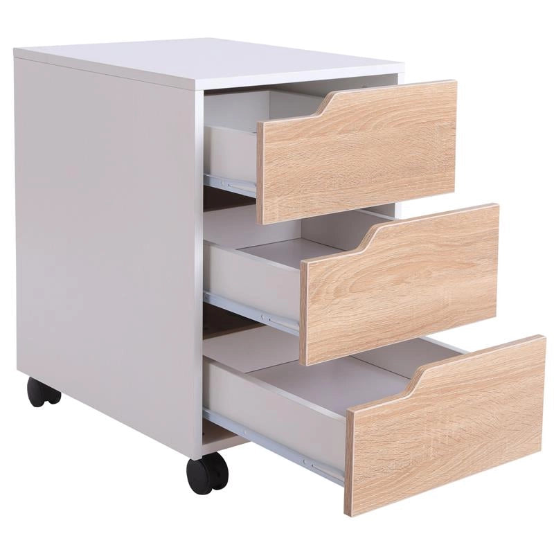CASSETTIERA IN MDF CON 3 CASSETTI E RUOTE PER UFFICIO O STUDIO BIANCA E LEGNO 31X37X7.2CM