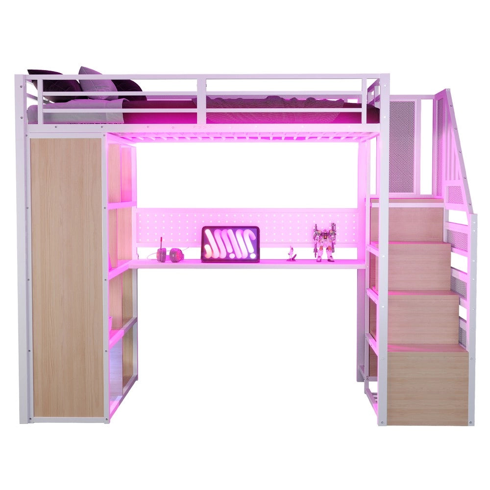 Letto a Soppalco con Armadio, Scrivania, LED e Contenitore ¨C Xylo ¨C 90x200, Bianco, Metallo
