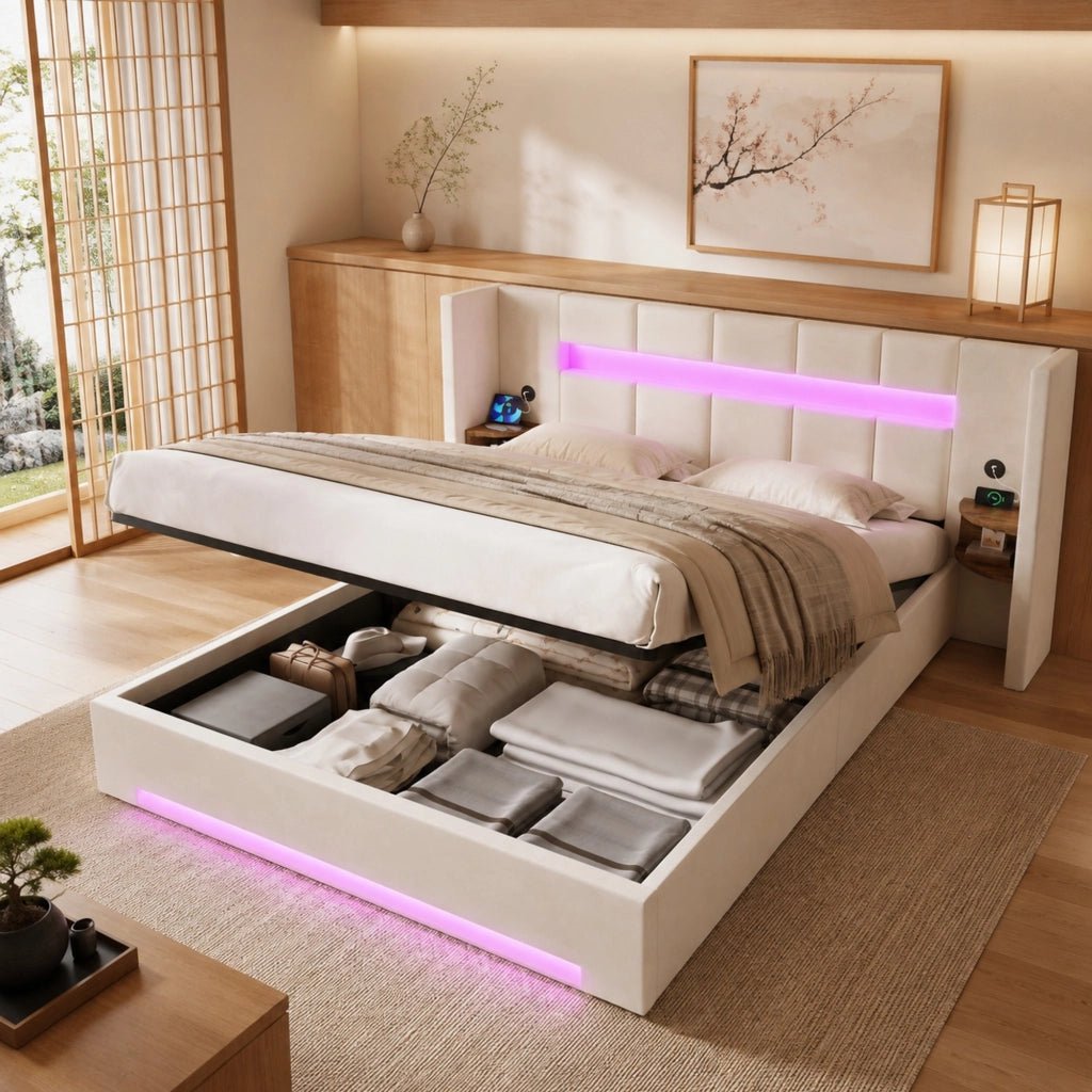 Letto matrimoniale imbottito in velluto beige 160x200 cm con testiera ampia, USB, LED e contenitore