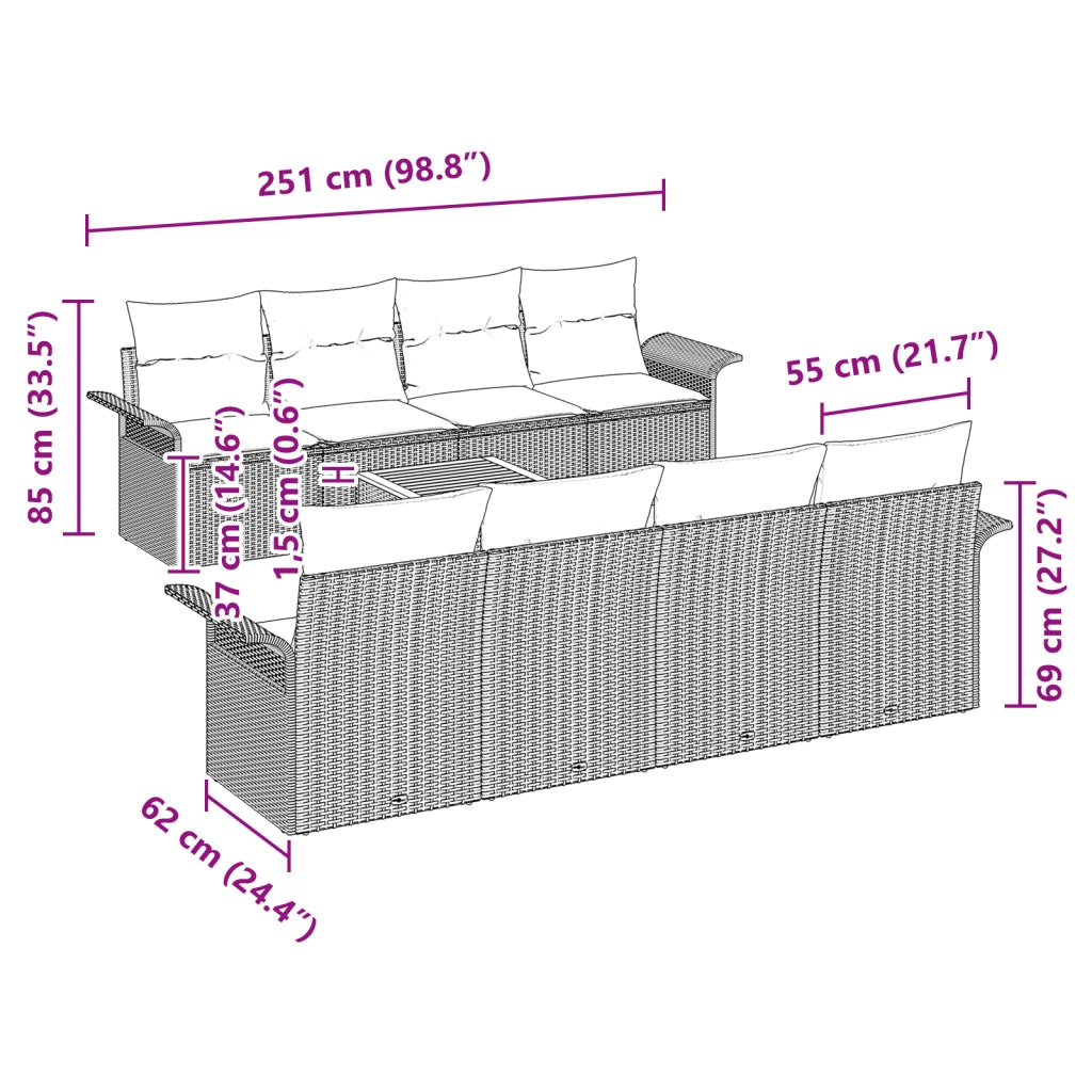 Set Divano da Giardino 9 Pezzi con Cuscini Nero Polyrattan Acacia