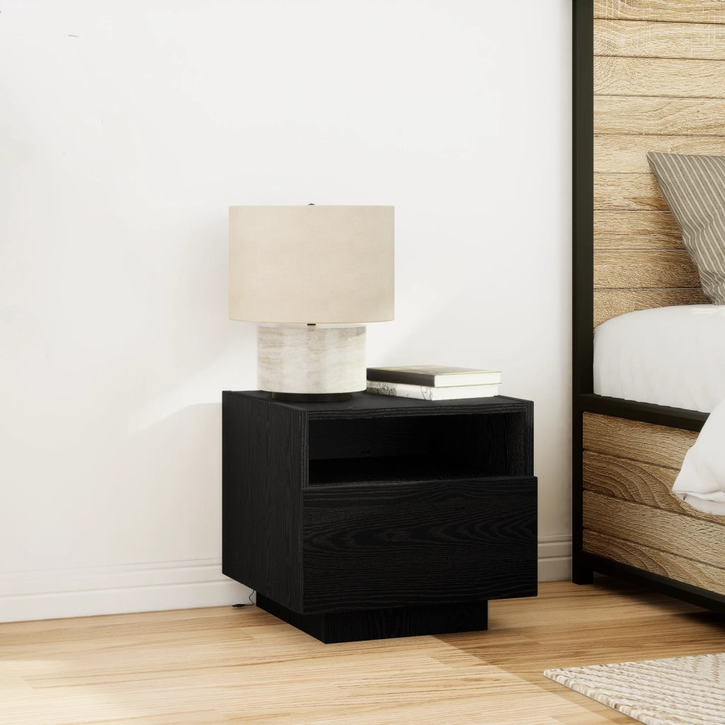 Comodino  con luci LED Nero Rovere 40x39x37 cm