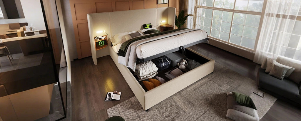 Letto 180x200 cm in velluto grigio con USB， LED e contenitore， senza materasso