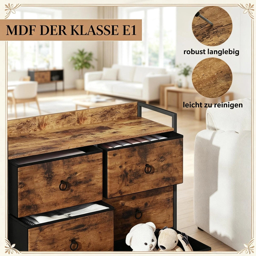 Cassettiera con 6 cassetti in tessuto 80x29x78 cm marrone rustico e nero