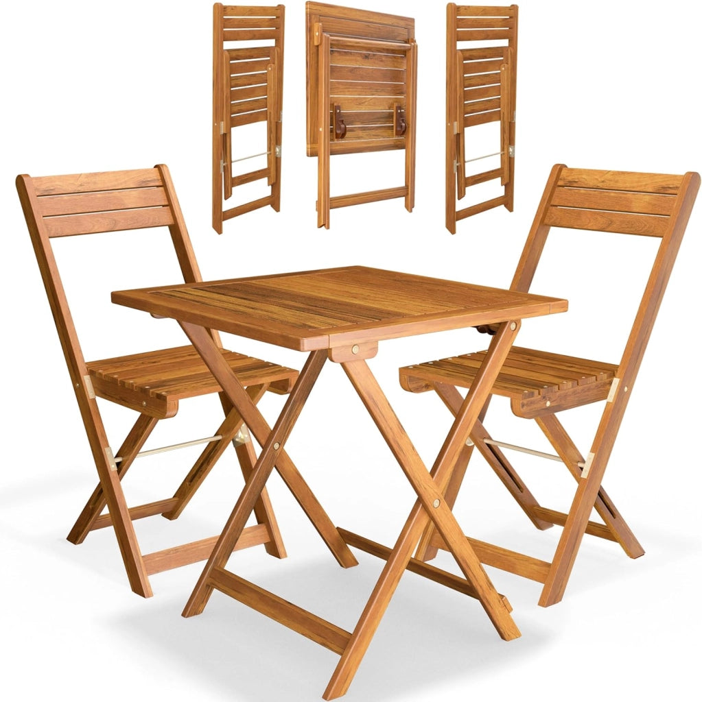 ® Set da Balcone Tavolo e 2 Sedie in Legno di Acacia Pieghevole 3 Pezzi per 2 Persone da Giardino Esterno Tavolino Terrazza Bar Bistro Salotto