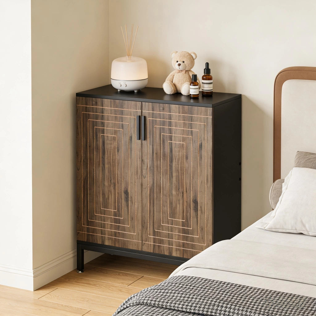 Scarpiera con 2 ante e 5 ripiani, motivo geometrico, per ingresso, in MDF e metallo, nero, 80 × 38 × 95 cm