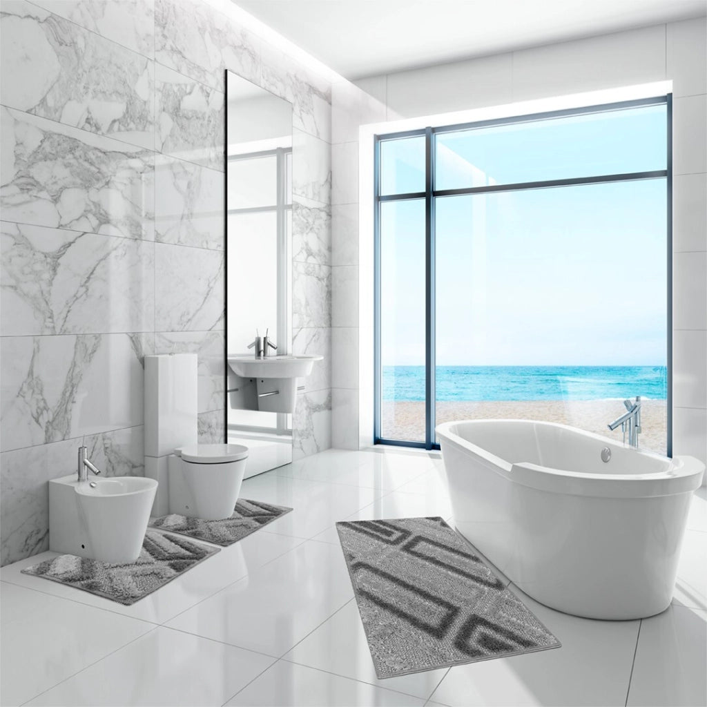 Tappeto Bagno Moderno Parure Set 3 Pezzi Soffice Shaggy Assorbente Antiscivolo Lavabile Grigio
