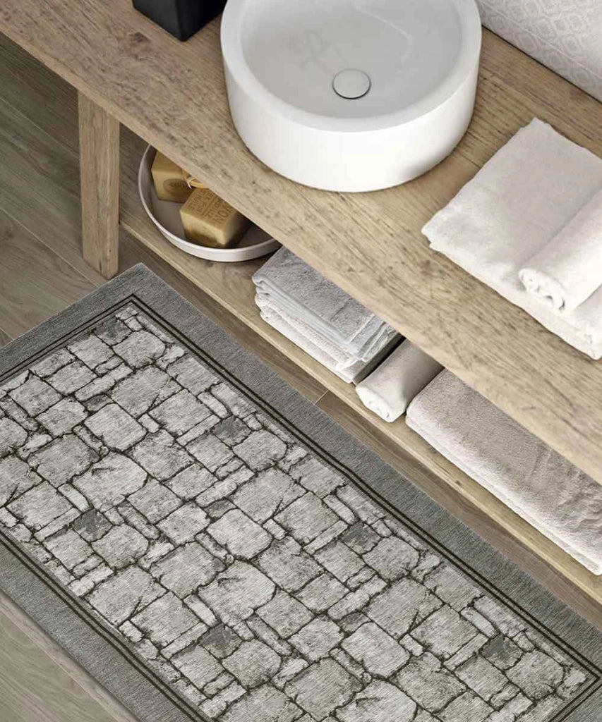 Tappeto WALL GRIGIO disegno effetto muro pietra, passatoia cucina multiuso lavabile antiscivolo cm.55x140