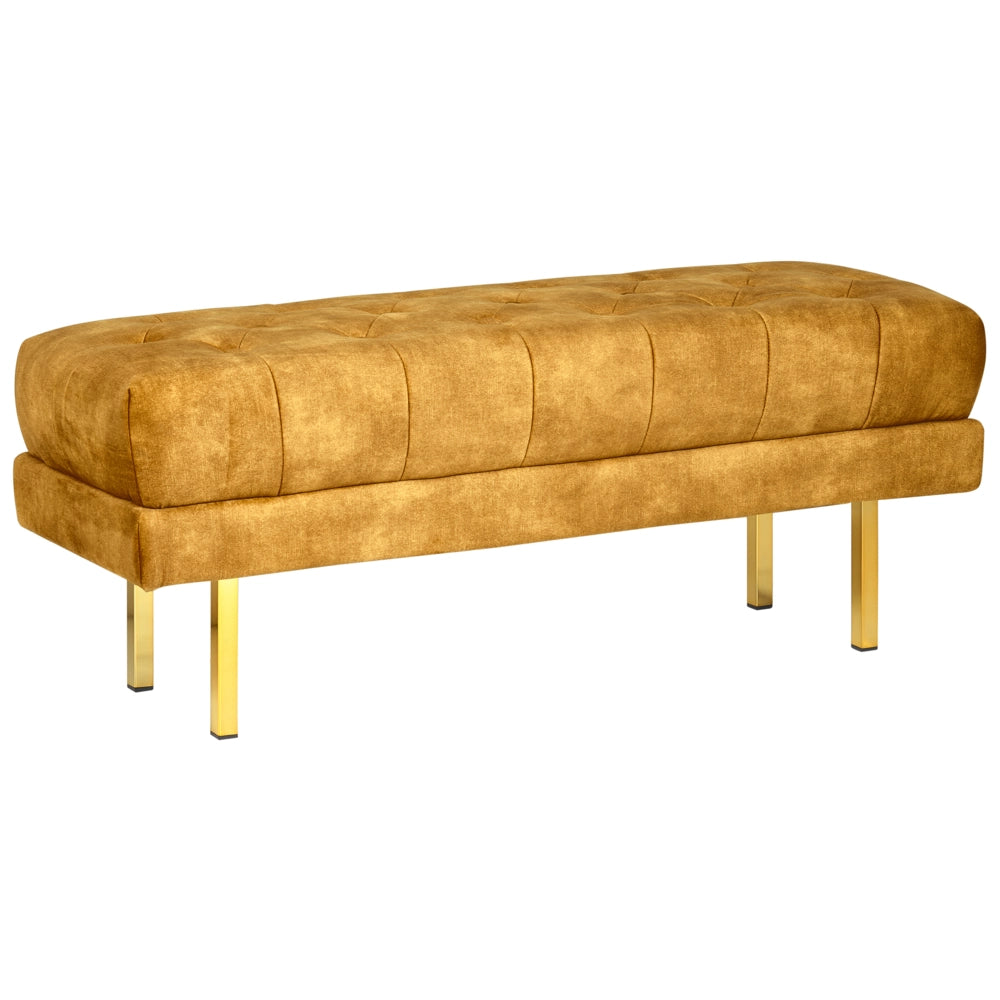 Panca Giallo Tessuto imbottito Velluto Accento di metallo Gambe d'oro Panca da letto Sgabello