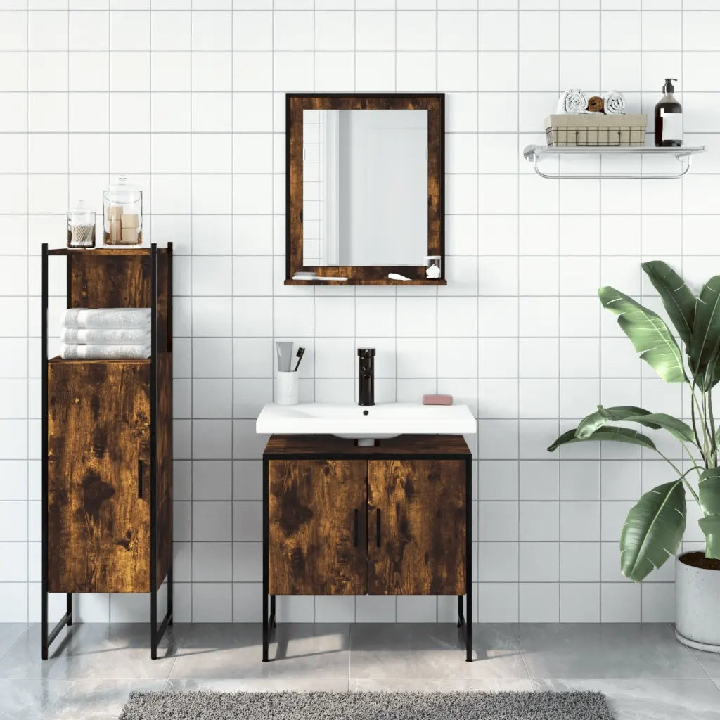 Set Mobili da Bagno | Armadio da bagno 3 pz Rovere Fumo in Legno Multistrato