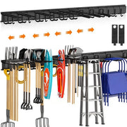 Sistema di supporto per attrezzi regolabile per garage, 162,56 cm, chiodi in metallo per parete con 4 guide e 12 ganci, organizzatore di attrezzi per garage, sottoterra, officina, rastrello, scopa, organizzatore di attrezzi nero
