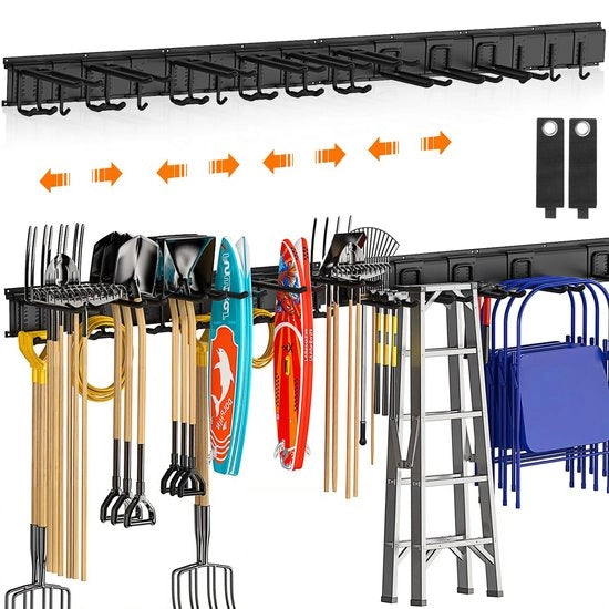 Sistema di supporto per attrezzi regolabile per garage, 162,56 cm, chiodi in metallo per parete con 4 guide e 12 ganci, organizzatore di attrezzi per garage, sottoterra, officina, rastrello, scopa, organizzatore di attrezzi nero