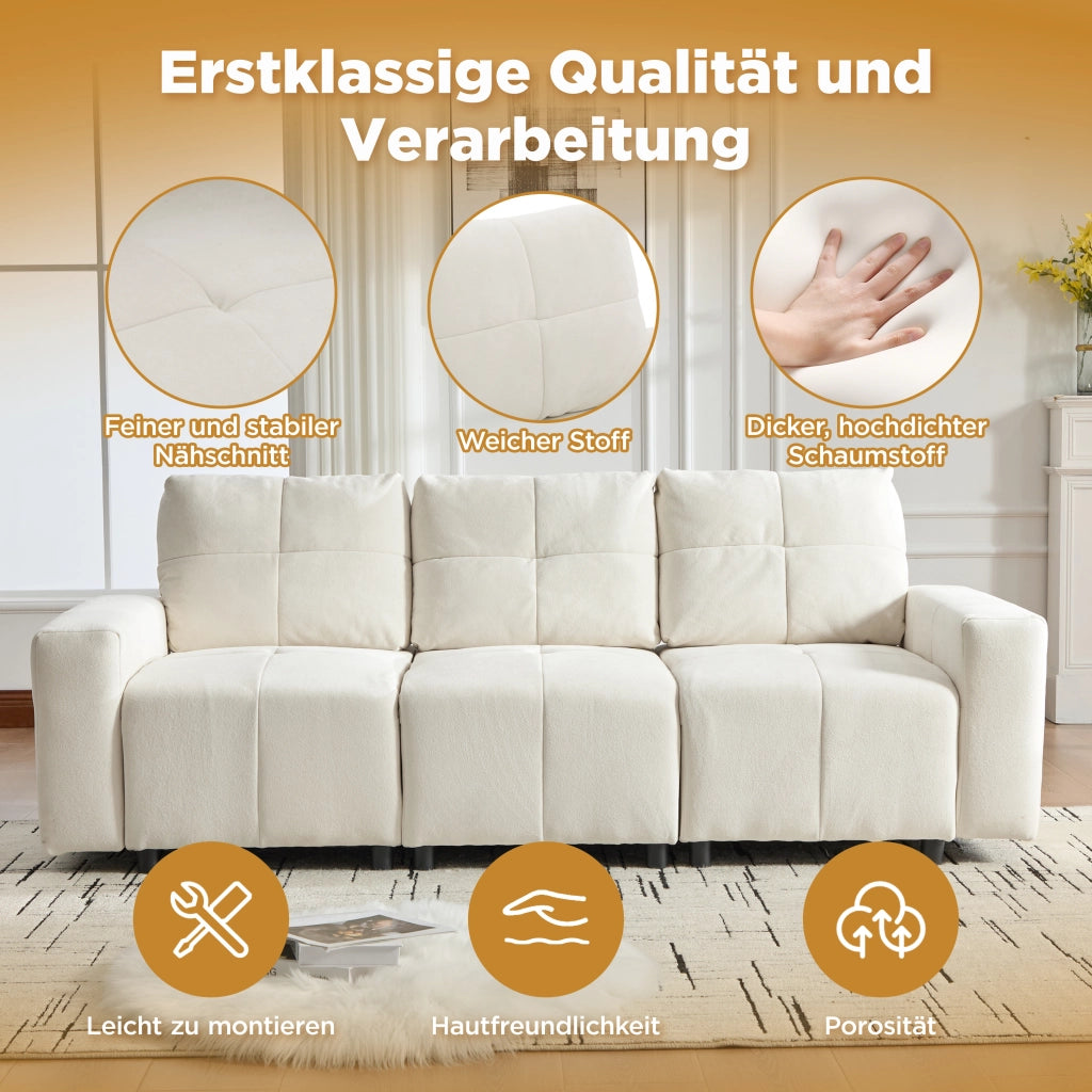 Divano modulare a 3 posti con funzione letto e schienale regolabile in ciniglia beige bianco 213 × 94 × 84 cm