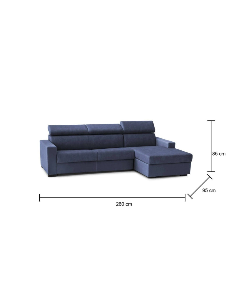Alibella, Divano Letto con Penisola Sfoderabile Made in Italy, 260x95 cm blu