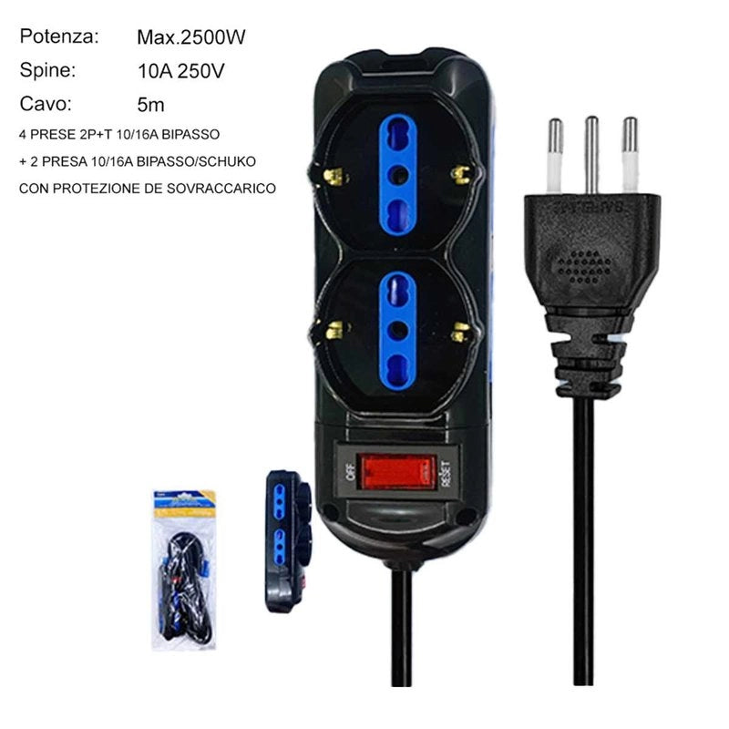 Multipresa Ciabatta Elettrica a 6 Posti 4 Prese 10A/16A + 2 Presa 10A/16A Bipasso Schuko con Interruttore e Spina 10A Cavo 5m Nero