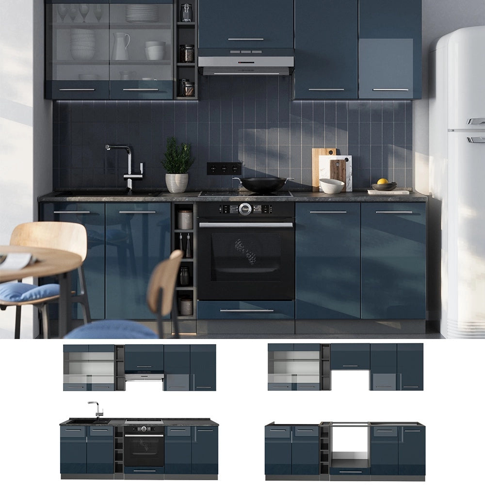 Cucina componibile Fame-Line Blu scuro lucido/Antracite 235 cm, PL Marmo Vicco
