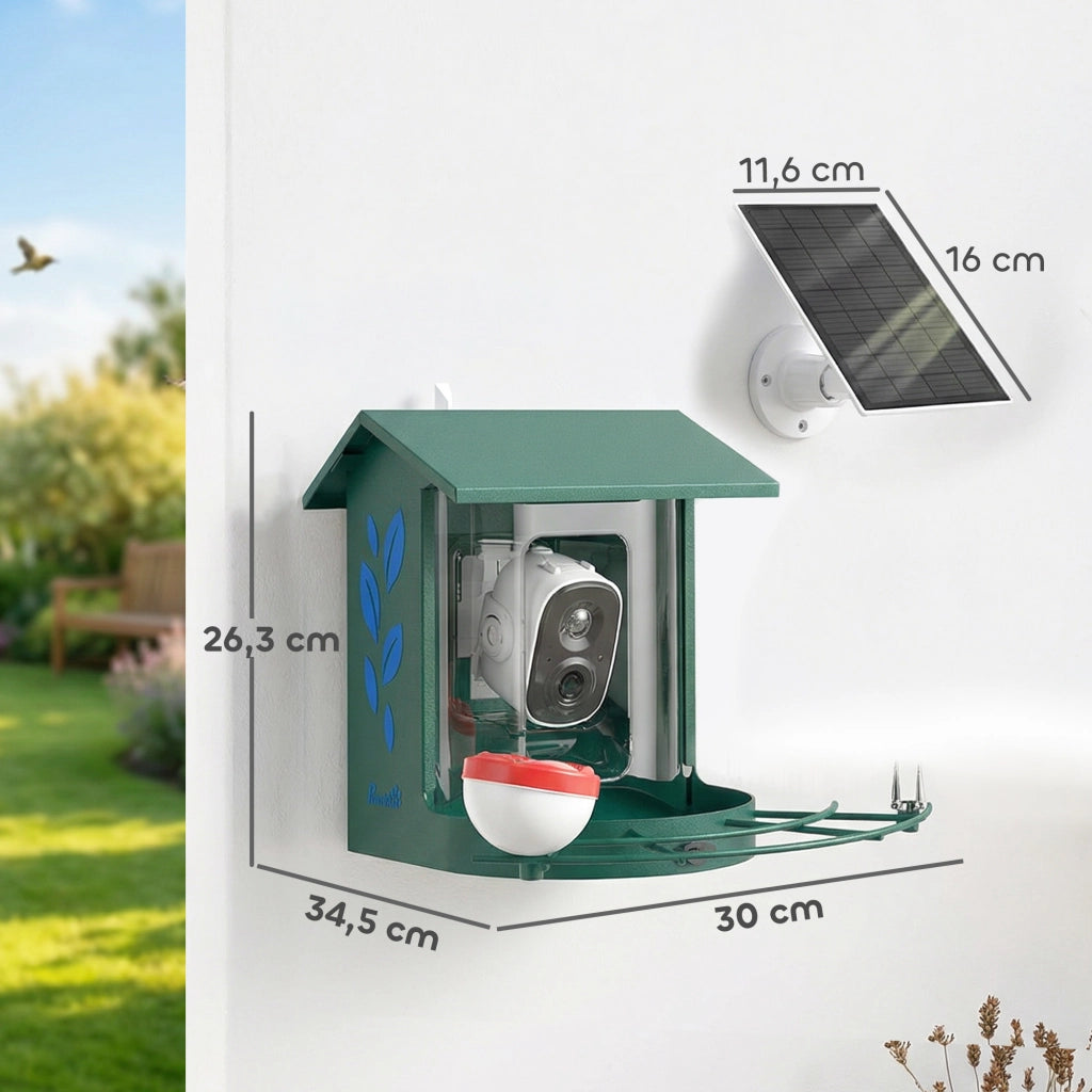 Mangiatoia per Uccelli con Fotocamera 2K ¨C Xylo ¨C Acciaio Anti-Scoiattolo Pannello Solare 30x34,5x26,3cm Verde