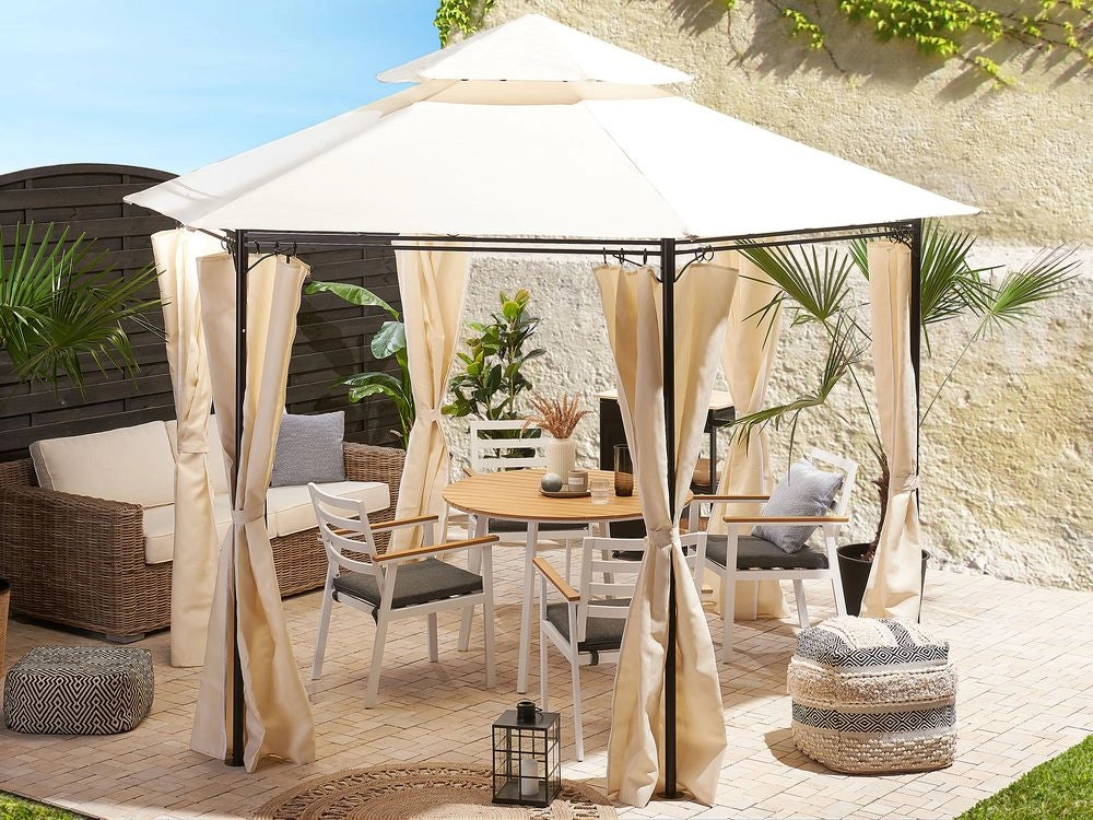 Gazebo da giardino Tende in poliestere beige Struttura in metallo Nero Mobili da giardino Resistente ai raggi UV