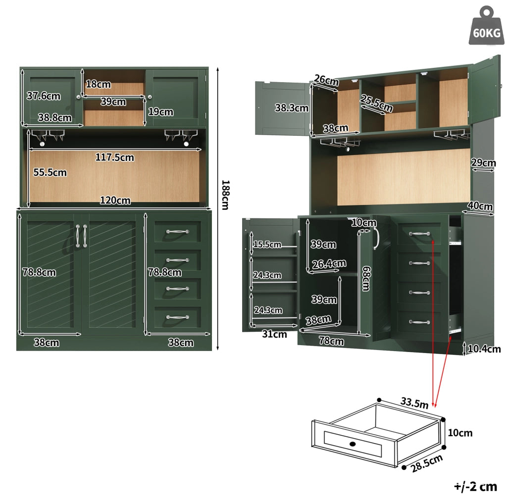 Credenza verde con LED, portabottiglie e 4 ante, 120x40x188 cm