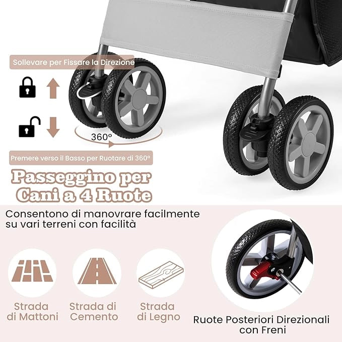 Passeggino per Cani Piccoli Pieghevole, Fino a 15 kg, Ruote 360° con Freni, Cuscino, Porta Doppio, Finestre, Cestino, Portabicchieri, Carrozzina Portatile (Grigio)