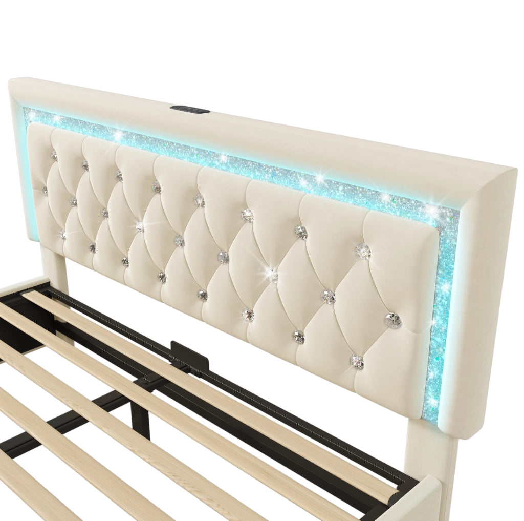 Letto imbottito 140x200 cm beige con materasso, LED, USB-C e contenitore
