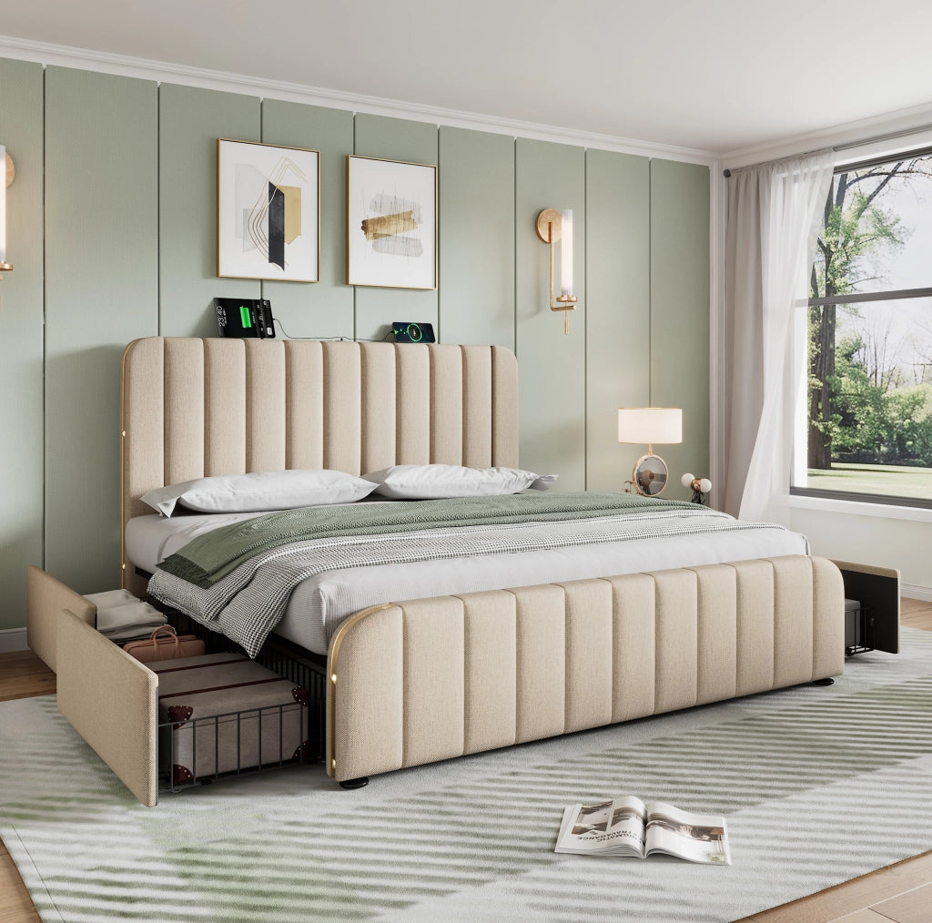 Letto 160x200 cm beige con materasso H3 e 4 cassetti