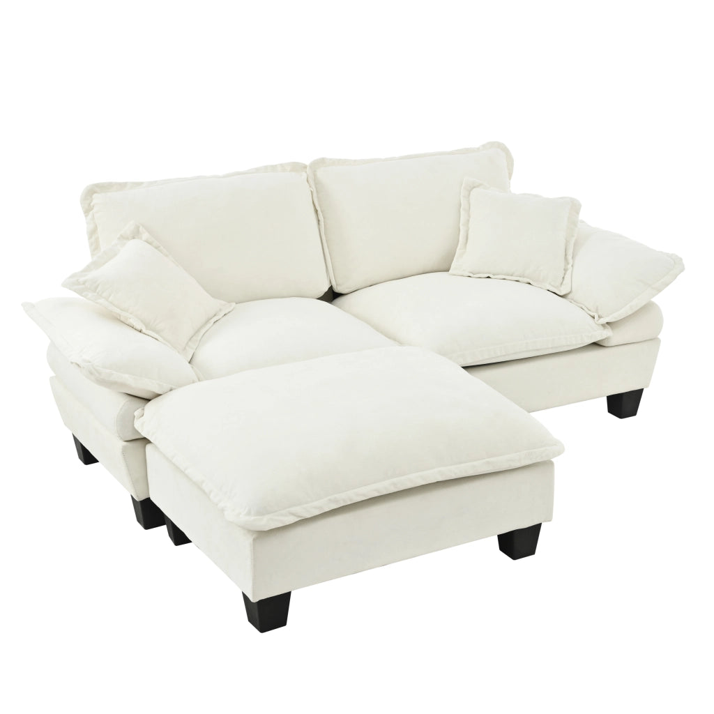 Divano angolare con chaise longue e cuscini; in chenille beige 194×151×90 cm