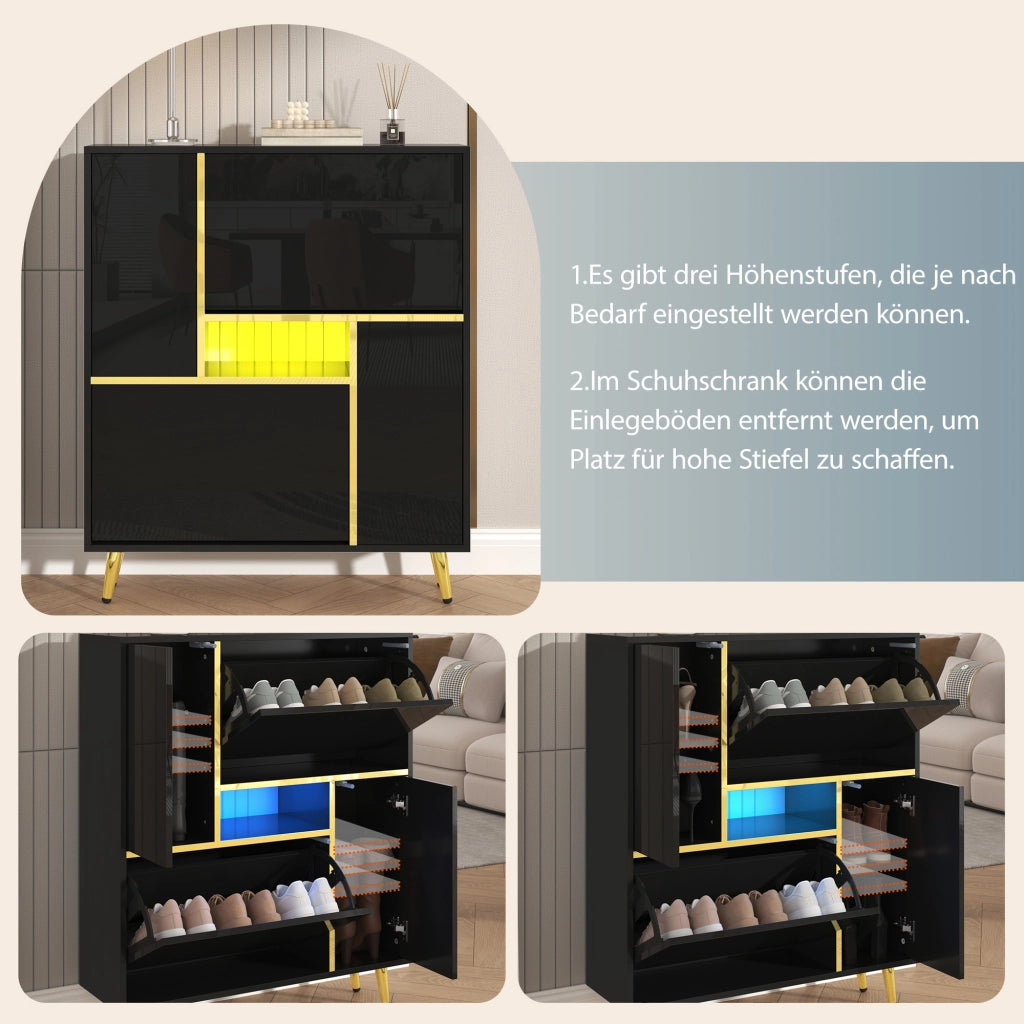 Mobile Scarpiera con 2 Ante e Ripiani Regolabili; LED 16 Colori; Frontale Lucido; Nero; in Pannelli di Particelle; 80×25×96 cm