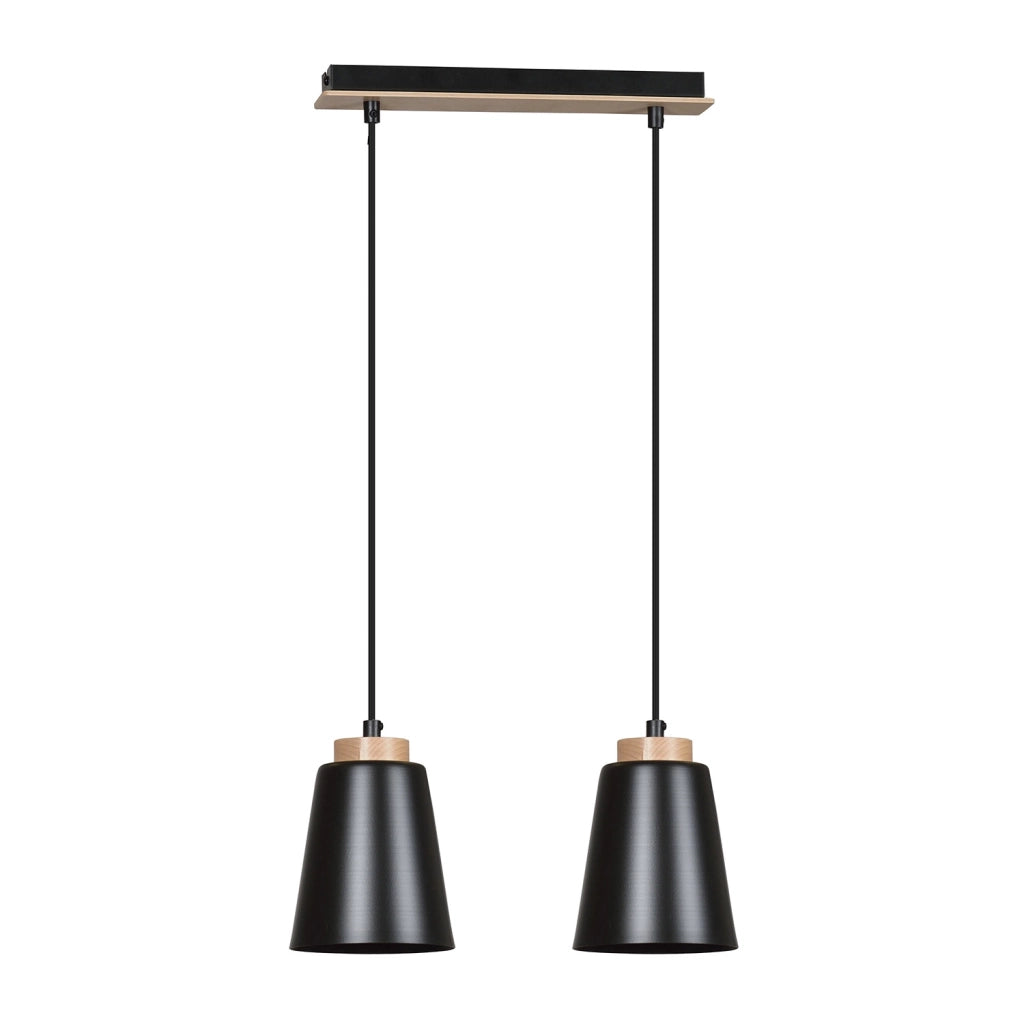 Lampadario 2 Luci Lancillotto Con Paralumi A Cono In Acciaio Nero E Legno Naturale
