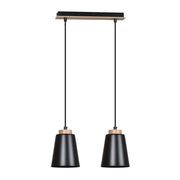 Lampadario 2 Luci Lancillotto Con Paralumi A Cono In Acciaio Nero E Legno Naturale