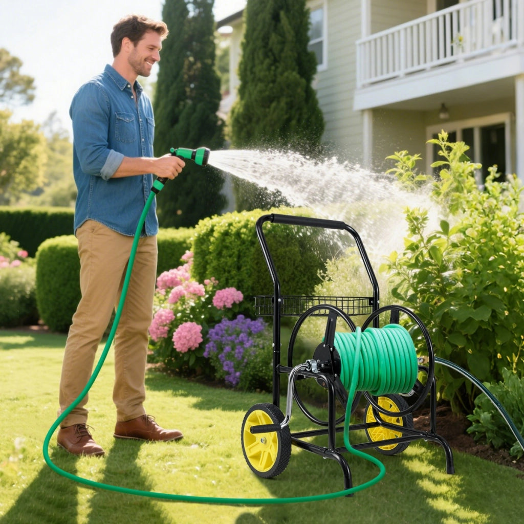 Carrello avvolgitubo da giardino con 2 ruote e cestino portaoggetti, Carrello tubo da giardino per esterni e giardino Nero-Attrezzi da giardino