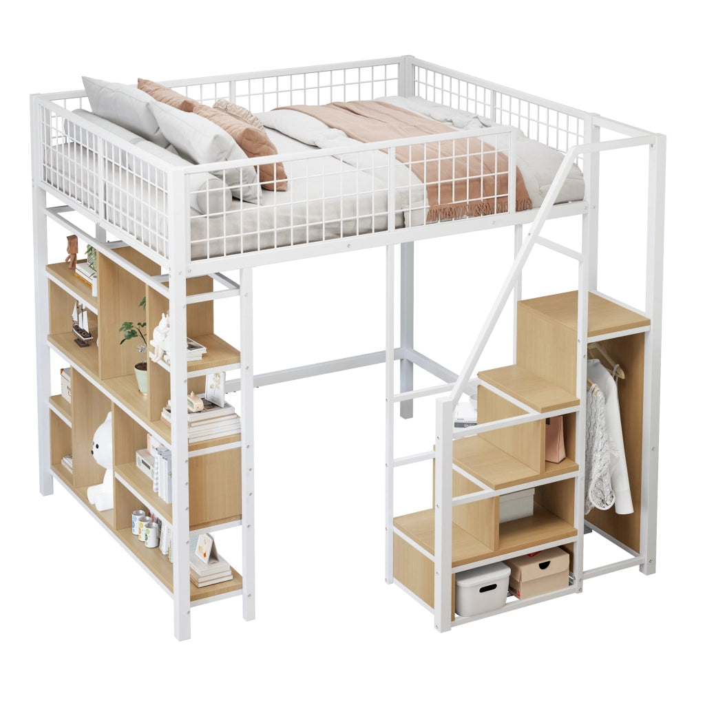 OKWISH Letto a Soppalco 140×200 cm, Letto Matrimoniale con Scala Contenitore, Mensole e Vani Portaoggetti, senza Materasso, Metallo e Legno, Bianco